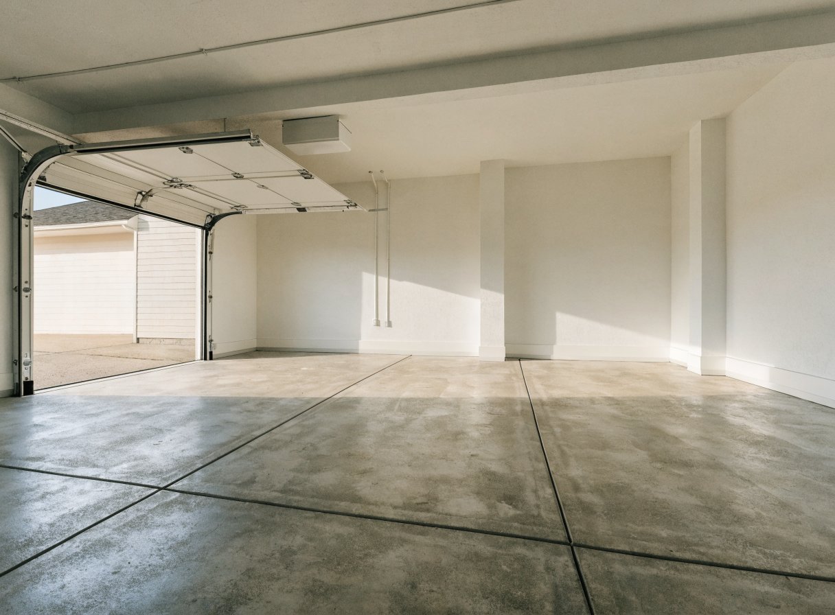 A cleaned out two car garage, empty and swept